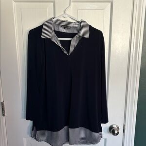 Adrianna Papell Navy and White Striped Blouse